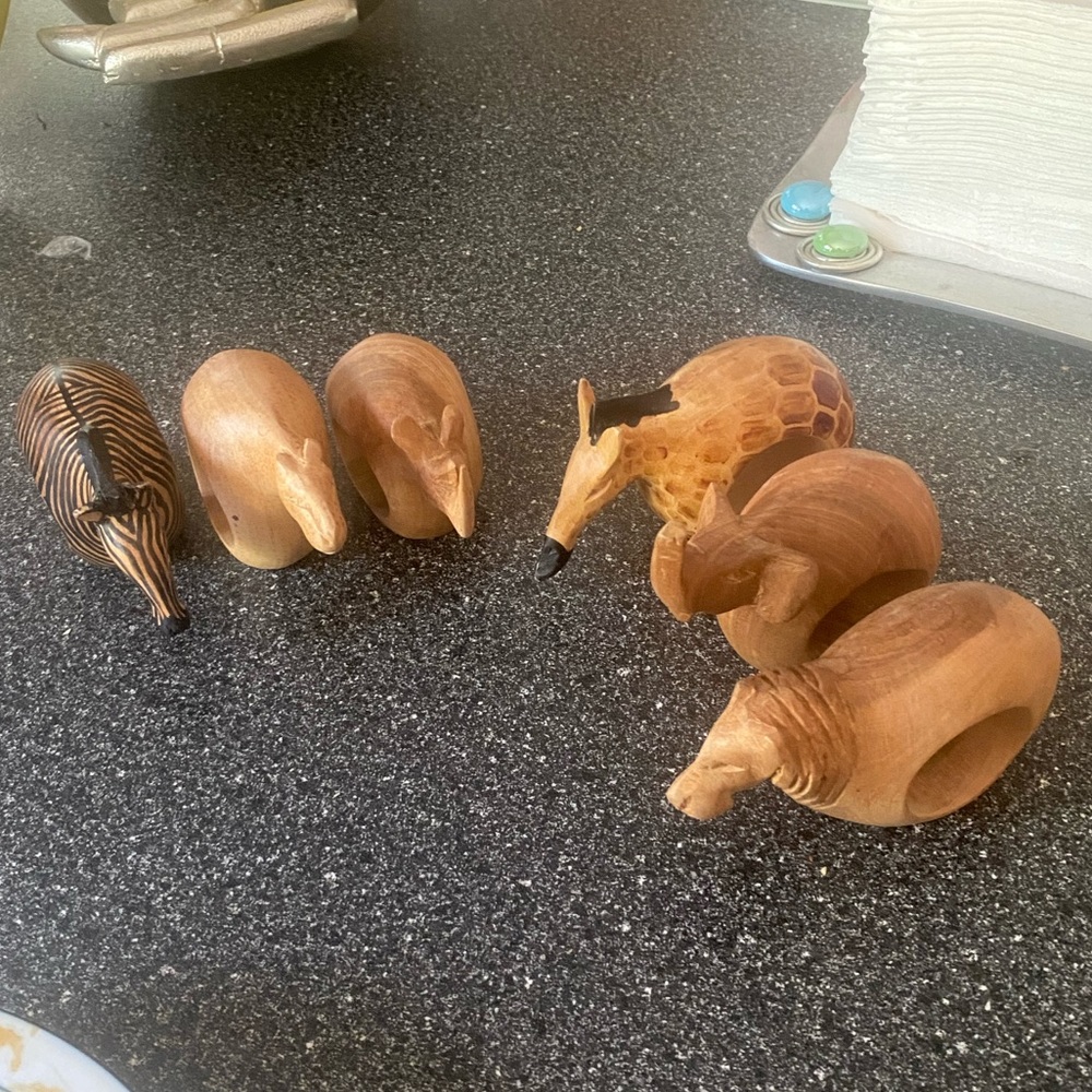 Hand carved wood African animal napkin ring set